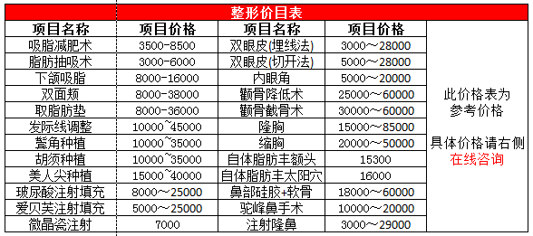 上海伊美爾港華醫(yī)療美容醫(yī)院整形價(jià)格表-全新整形價(jià)目表